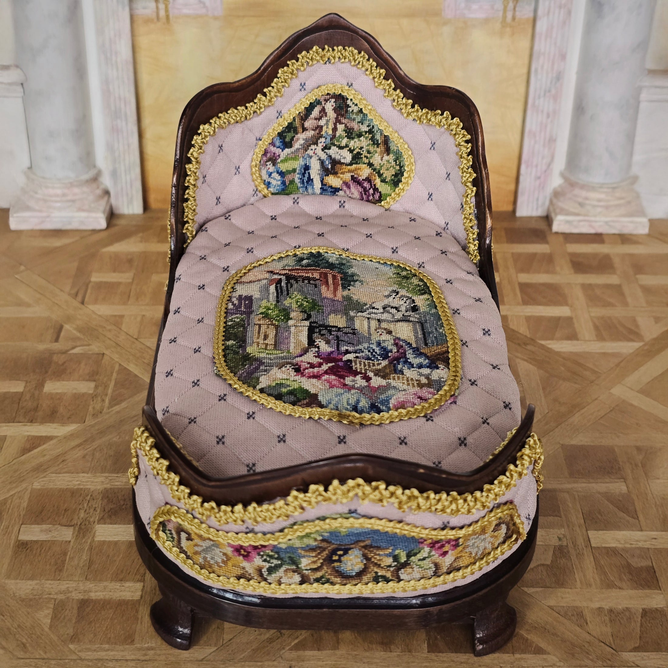Pink & Gold Hand Carved Upholstered Rococo Style Miniature Bed with Petit Point