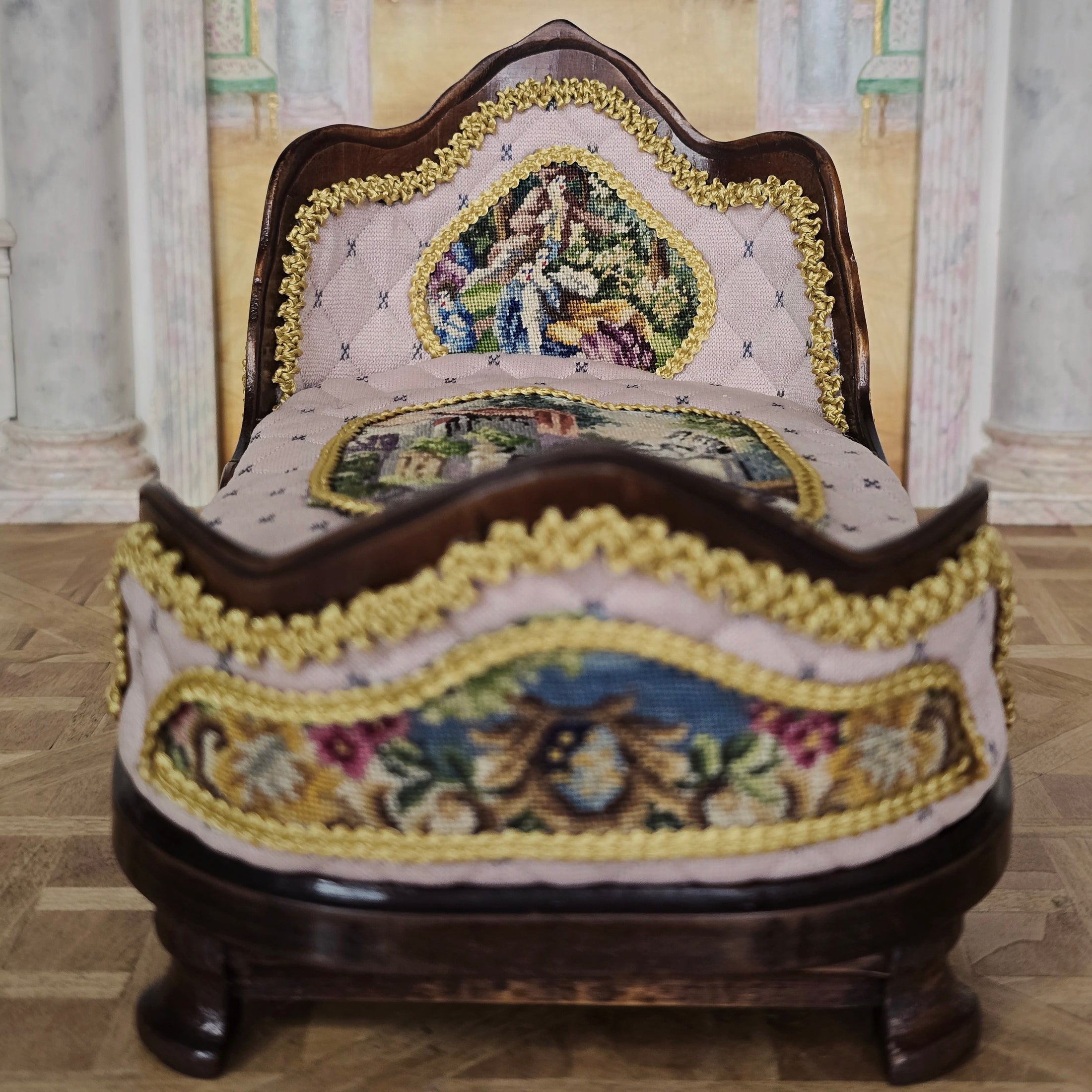 Pink & Gold Hand Carved Upholstered Rococo Style Miniature Bed with Petit Point