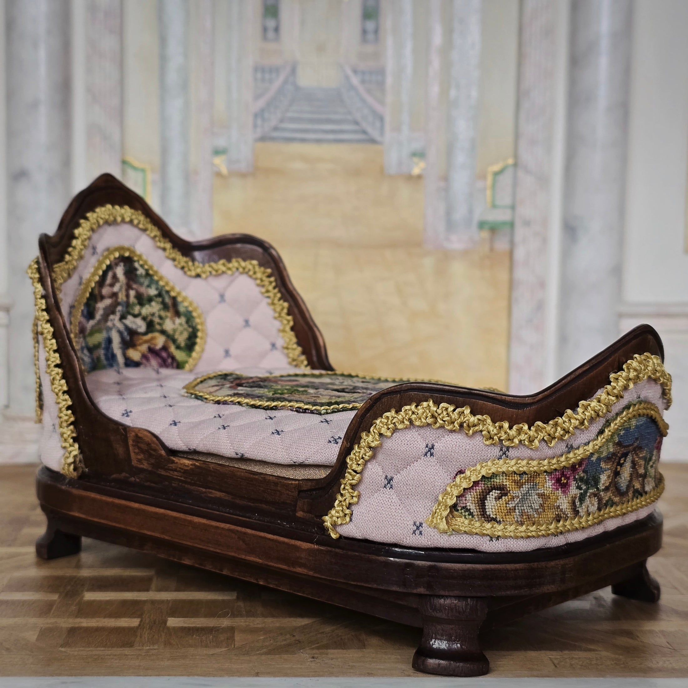 Pink & Gold Hand Carved Upholstered Rococo Style Miniature Bed with Petit Point