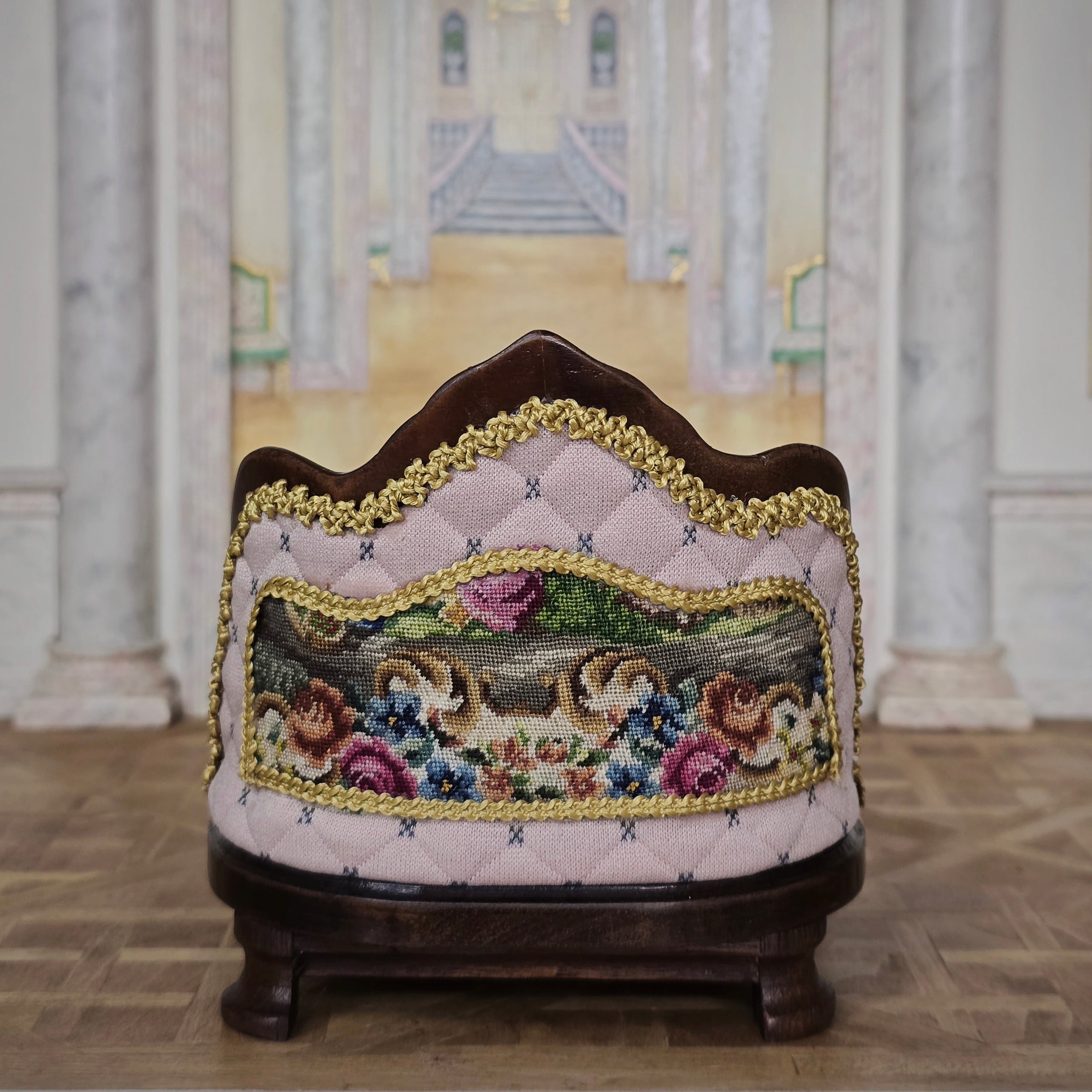 Pink & Gold Hand Carved Upholstered Rococo Style Miniature Bed with Petit Point