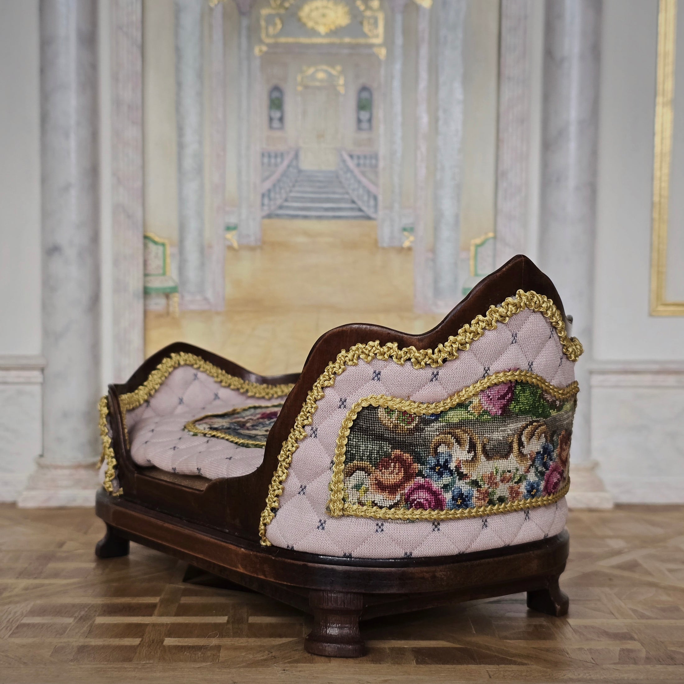 Pink & Gold Hand Carved Upholstered Rococo Style Miniature Bed with Petit Point