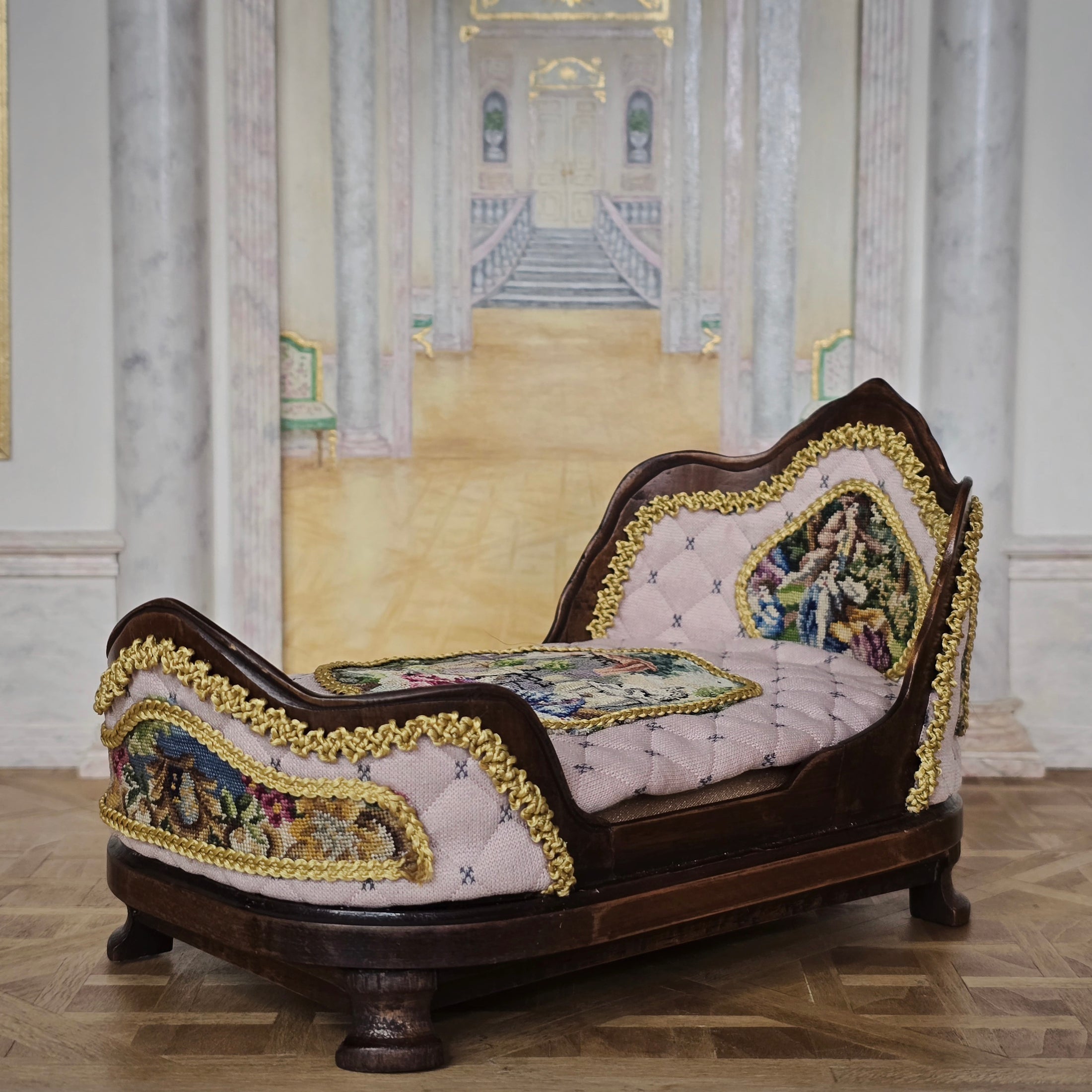 Pink & Gold Hand Carved Upholstered Rococo Style Miniature Bed with Petit Point