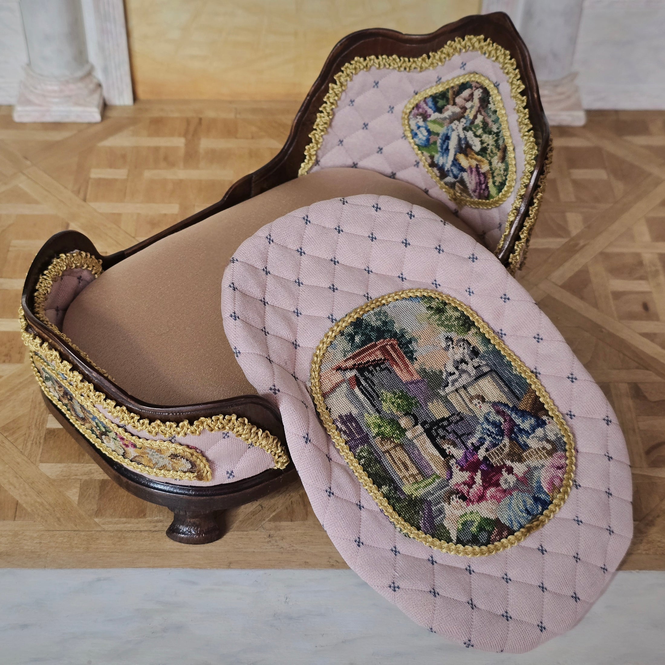 Pink & Gold Hand Carved Upholstered Rococo Style Miniature Bed with Petit Point