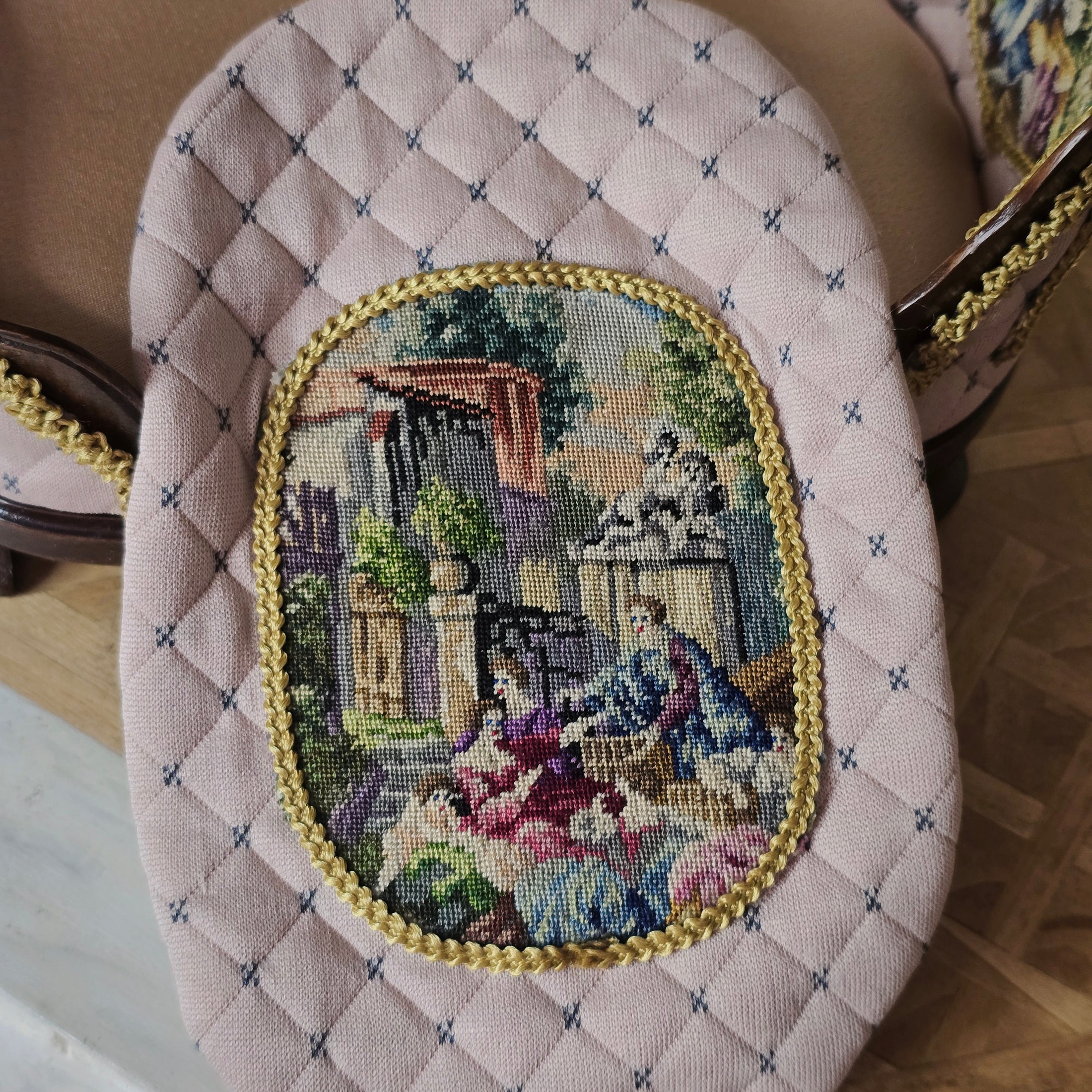 Pink & Gold Hand Carved Upholstered Rococo Style Miniature Bed with Petit Point