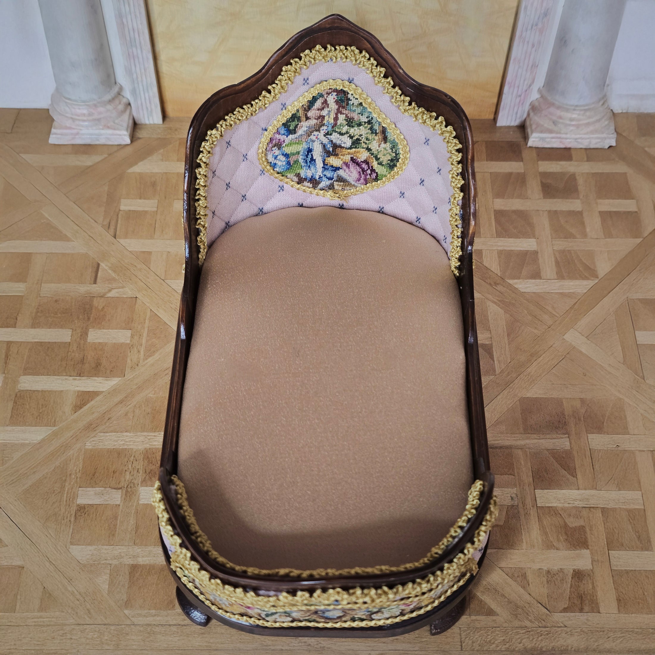 Pink & Gold Hand Carved Upholstered Rococo Style Miniature Bed with Petit Point