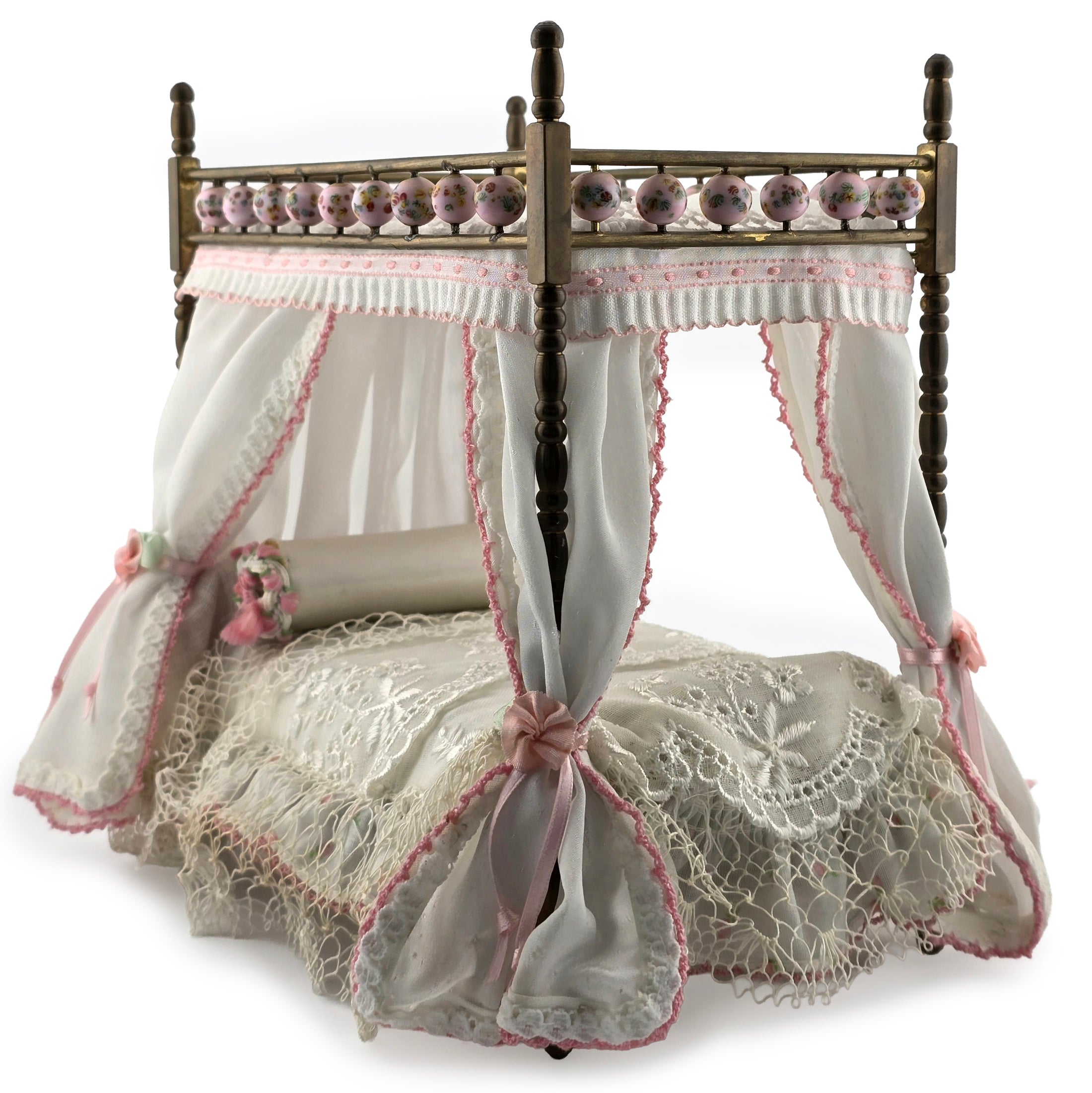 Pink & White Victorian Miniature Brass and Wood Canopy Bed Lace Curtains Floral Beads