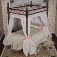 Load image into Gallery viewer, Pink & White Victorian Miniature Brass and Wood Canopy Bed Lace Curtains Floral Beads

