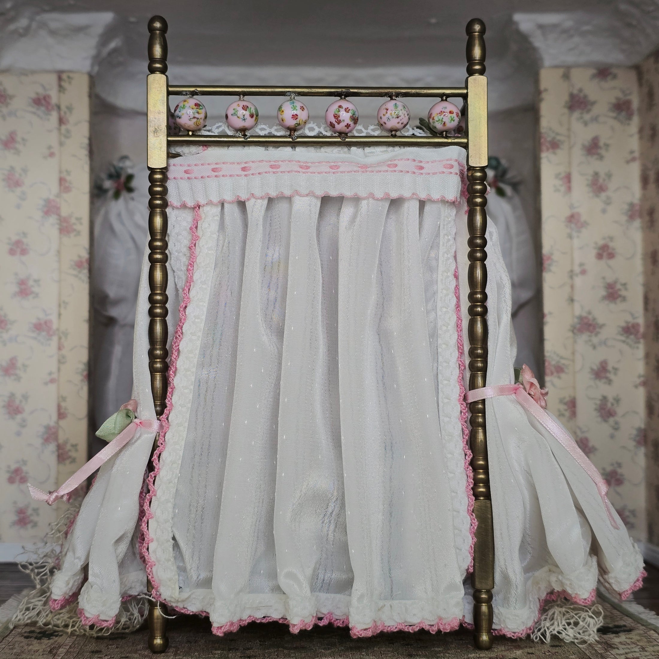 Pink & White Victorian Miniature Brass and Wood Canopy Bed Lace Curtains Floral Beads