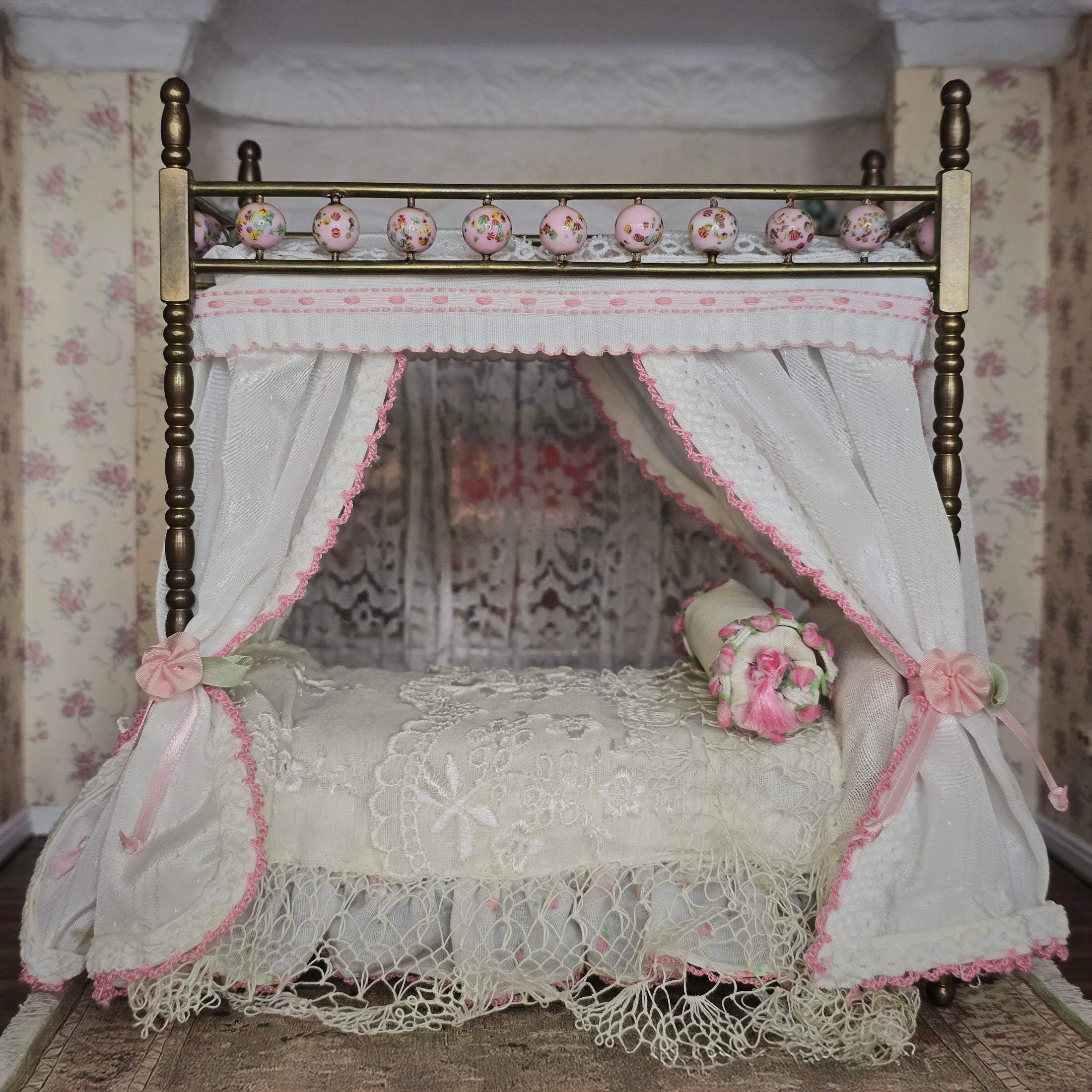 Pink & White Victorian Miniature Brass and Wood Canopy Bed Lace Curtains Floral Beads