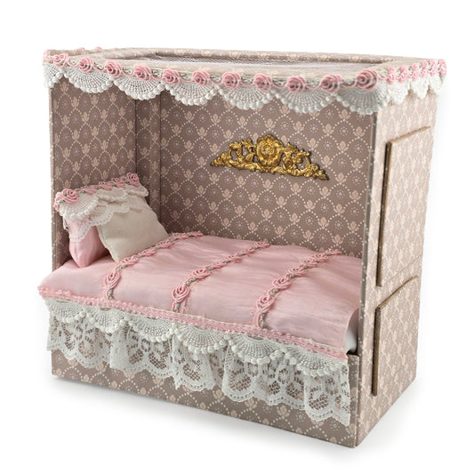 French Upholstered Canopy Daybed with Lace & Pink Silk Artisan Signed