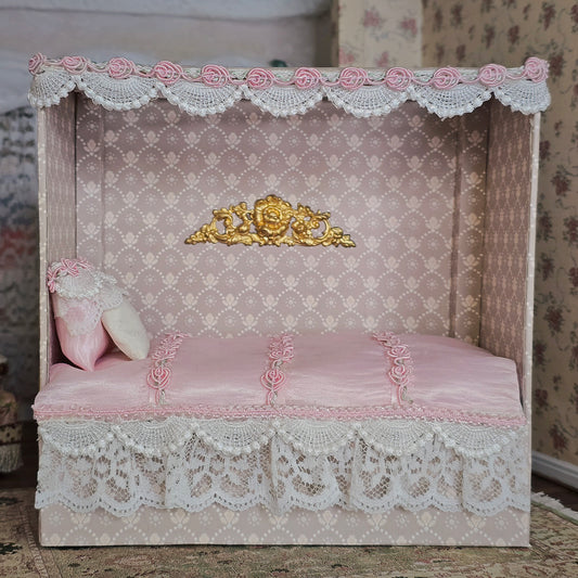 French Upholstered Canopy Daybed with Lace & Pink Silk Artisan Signed