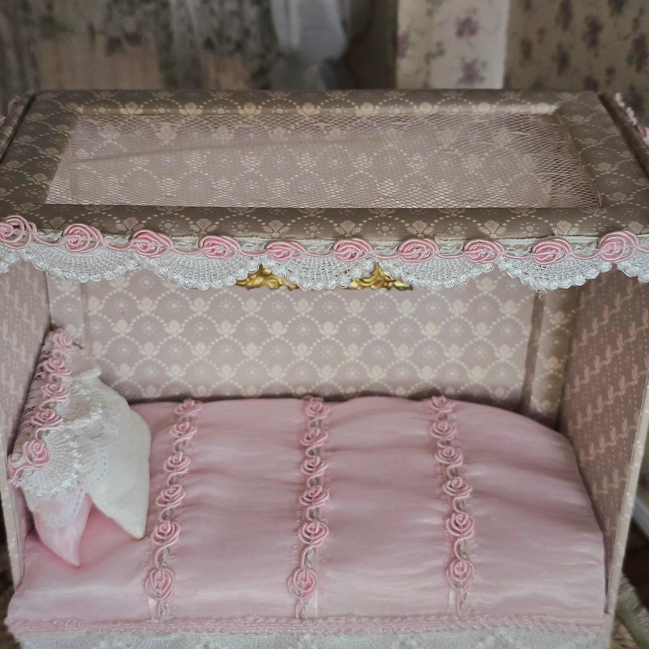 French Upholstered Canopy Daybed with Lace & Pink Silk Artisan Signed
