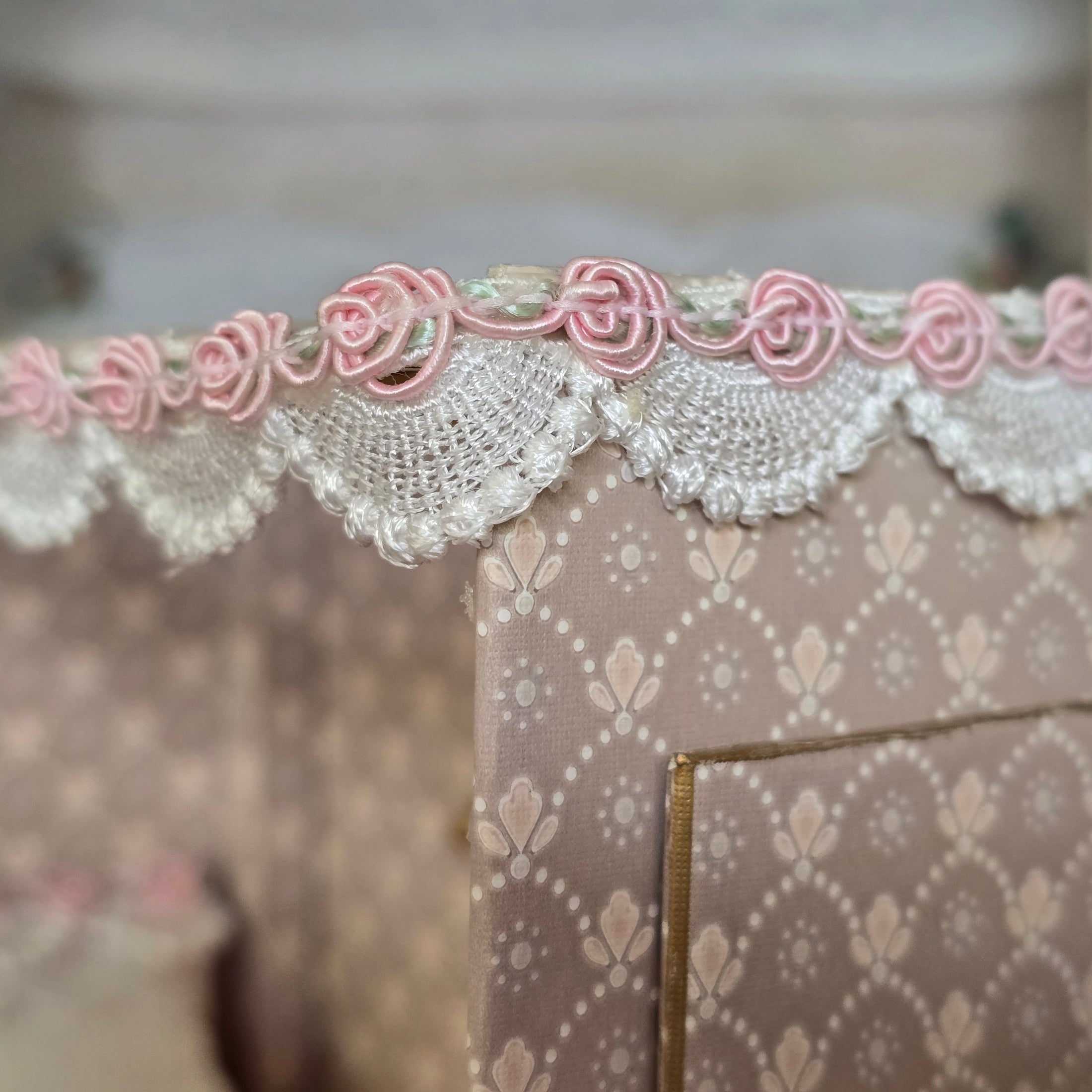 French Upholstered Canopy Daybed with Lace & Pink Silk Artisan Signed