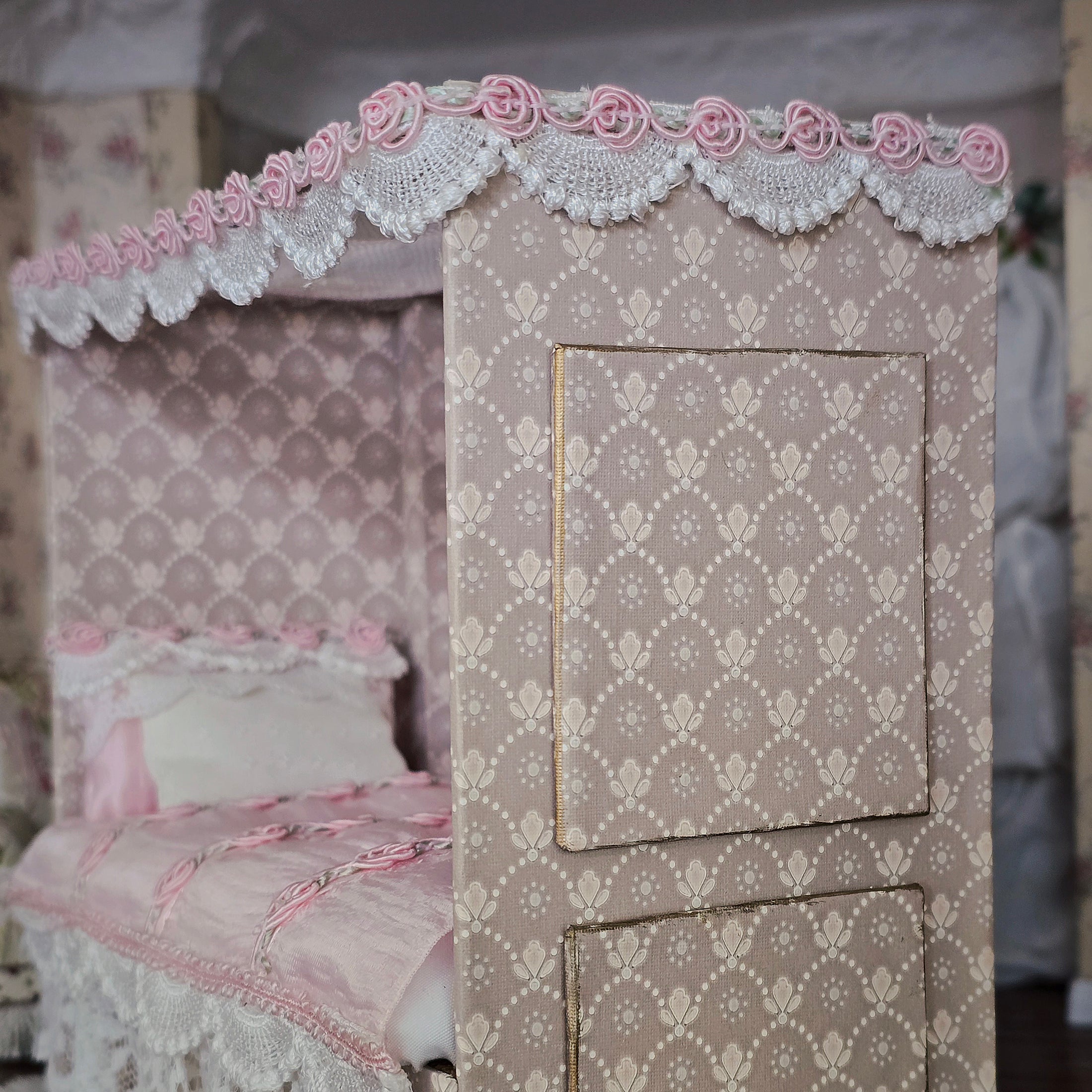 French Upholstered Canopy Daybed with Lace & Pink Silk Artisan Signed