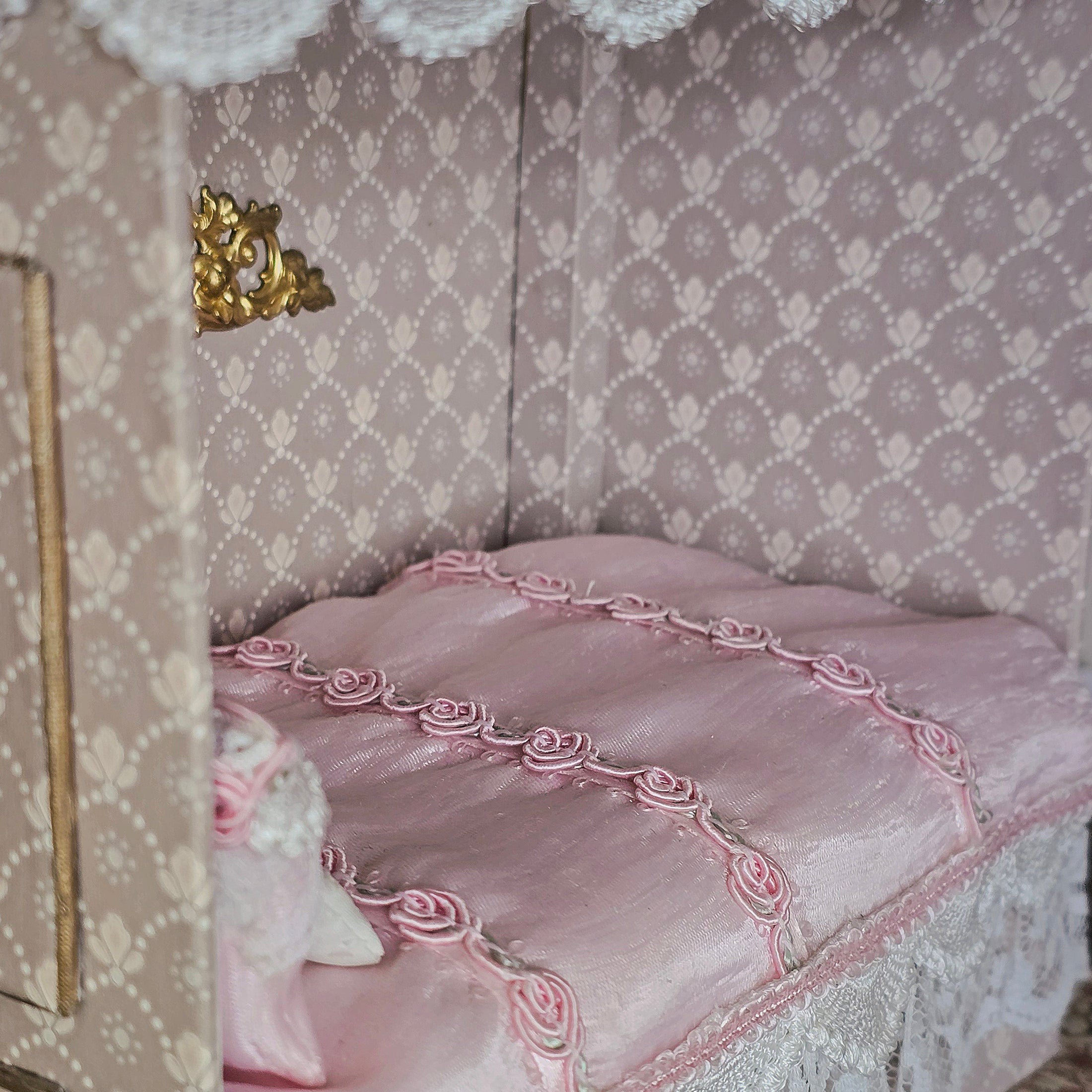French Upholstered Canopy Daybed with Lace & Pink Silk Artisan Signed
