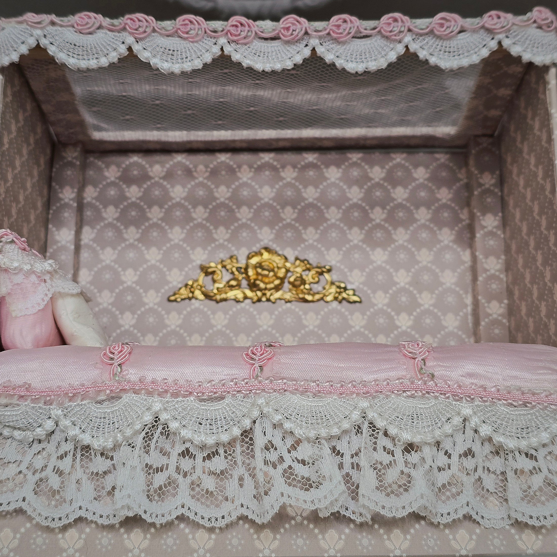 French Upholstered Canopy Daybed with Lace & Pink Silk Artisan Signed