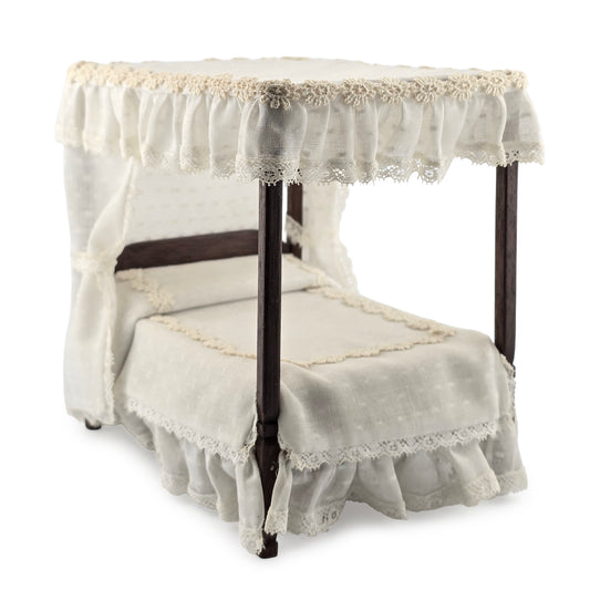 Victorian Dressed White Lace Canopy Bed in Dark Mahogany 1:12 Scale
