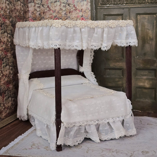 Victorian Dressed White Lace Canopy Bed in Dark Mahogany 1:12 Scale