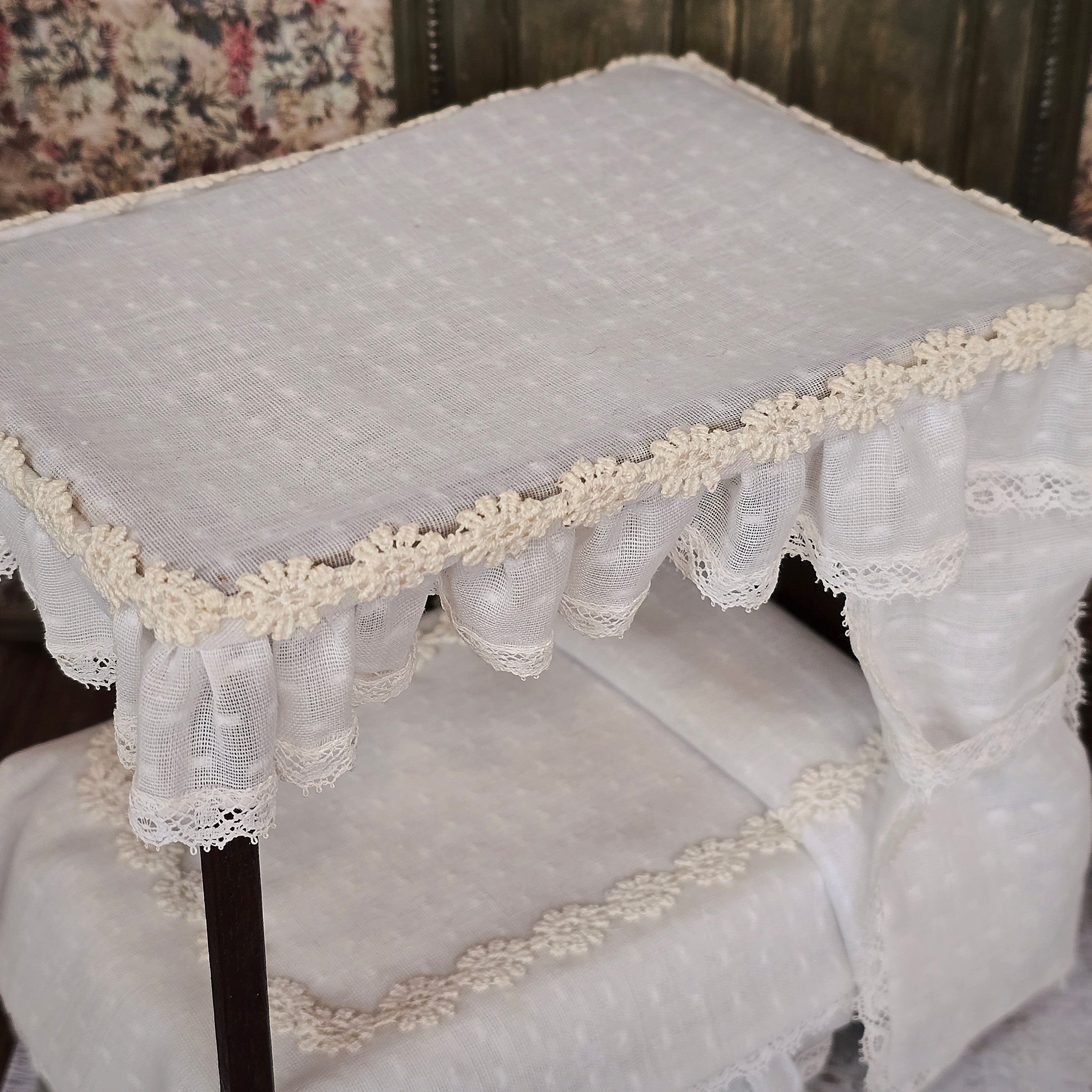 Victorian Dressed White Lace Canopy Bed in Dark Mahogany 1:12 Scale