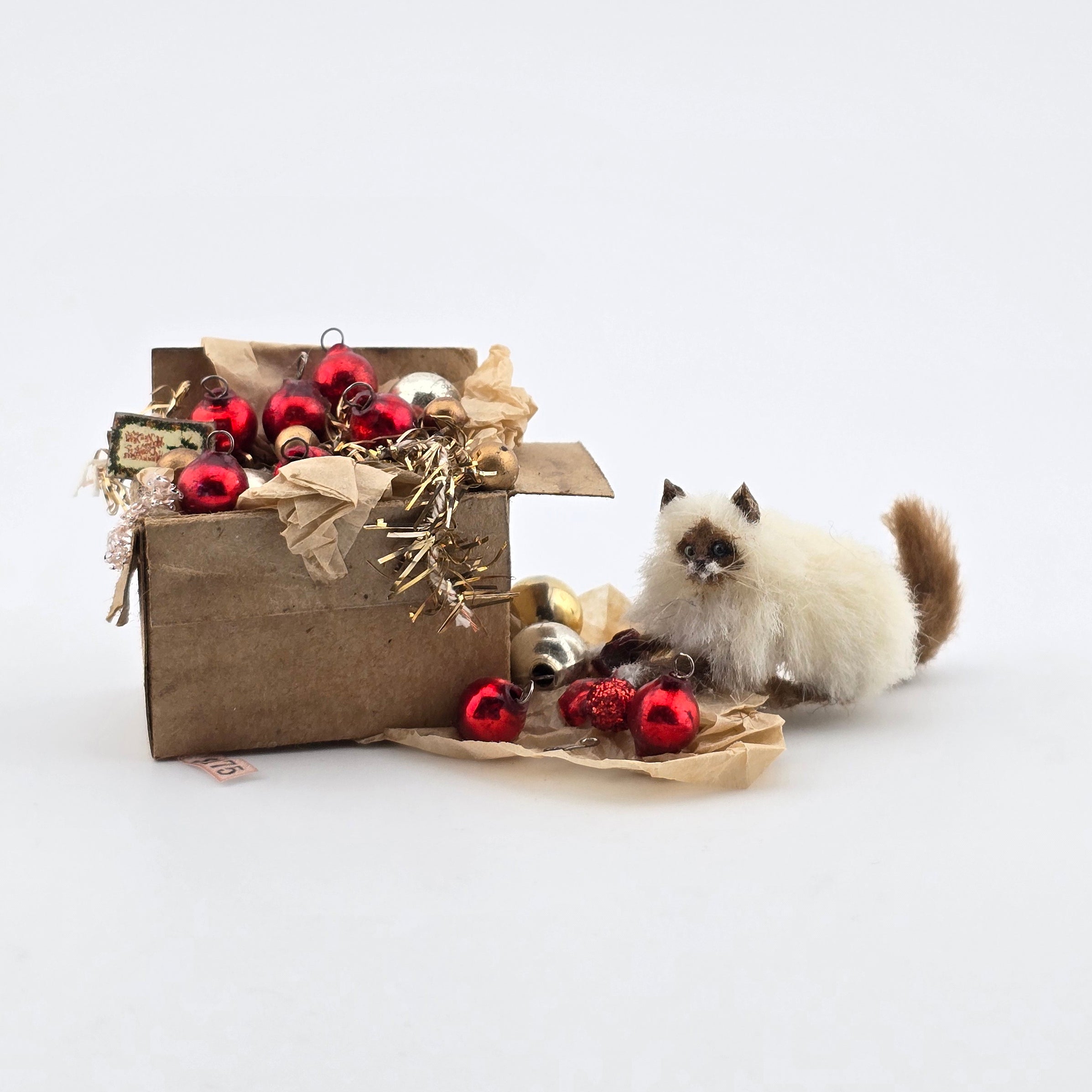 Cat playing with a cardboard box filled with Christmas decorations on a white background