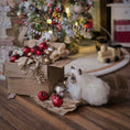 Load image into Gallery viewer, Small cat playing with Christmas decorations on a wooden floor.
