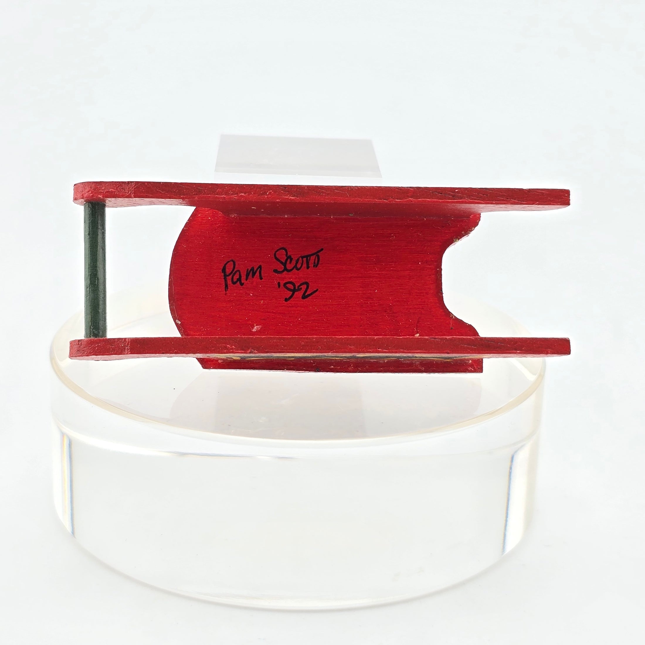 Signed back of Miniature Christmas Sled – Hand-Painted by Pam Scott