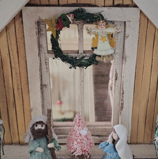 Dollhouse Miniature Wooden Angel Wreath, hanging on a country door