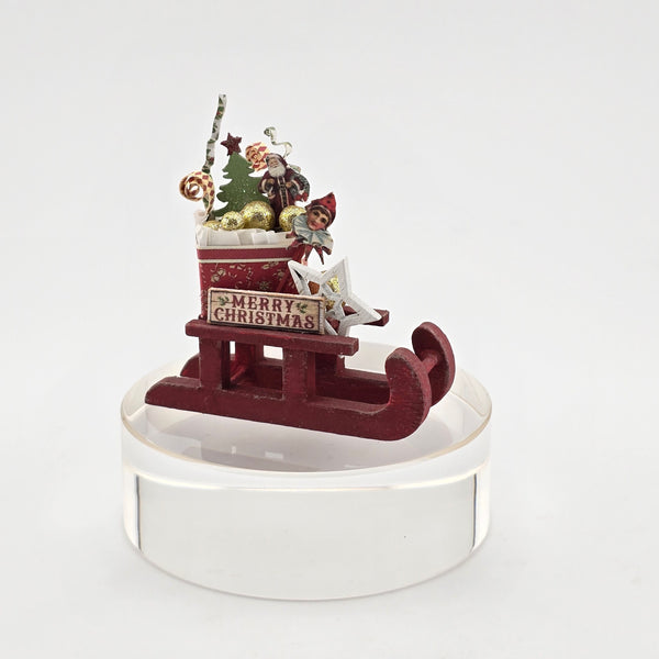 Dollhouse Miniature Wooden Christmas Sleigh Artist Signed MR, on white background