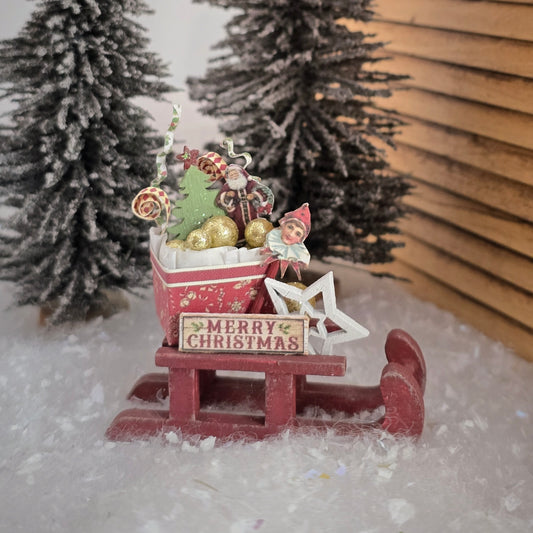 Dollhouse Miniature Wooden Christmas Sleigh Artist Signed MR, in faux snow