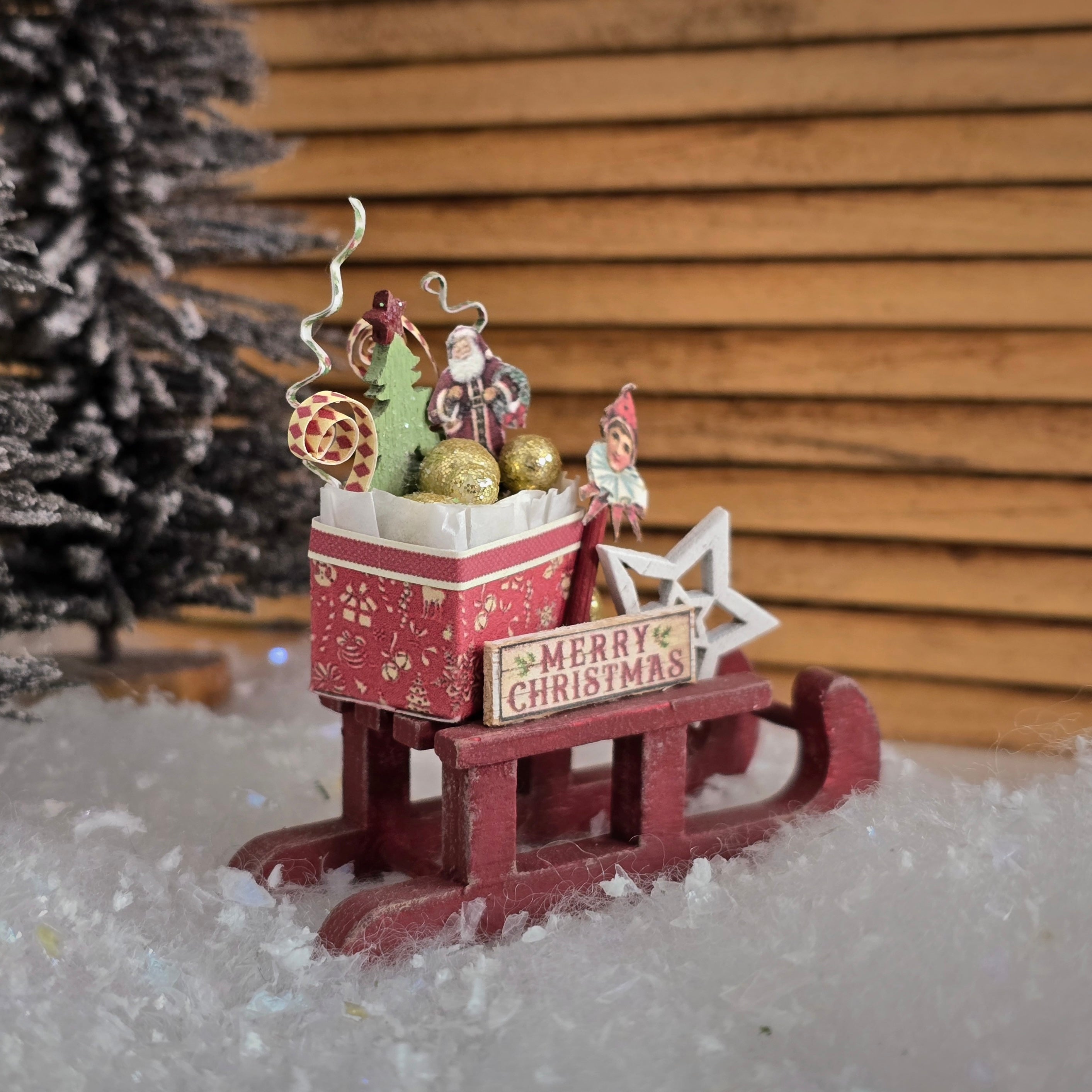 Dollhouse Miniature Wooden Christmas Sleigh Artist Signed MR, back view