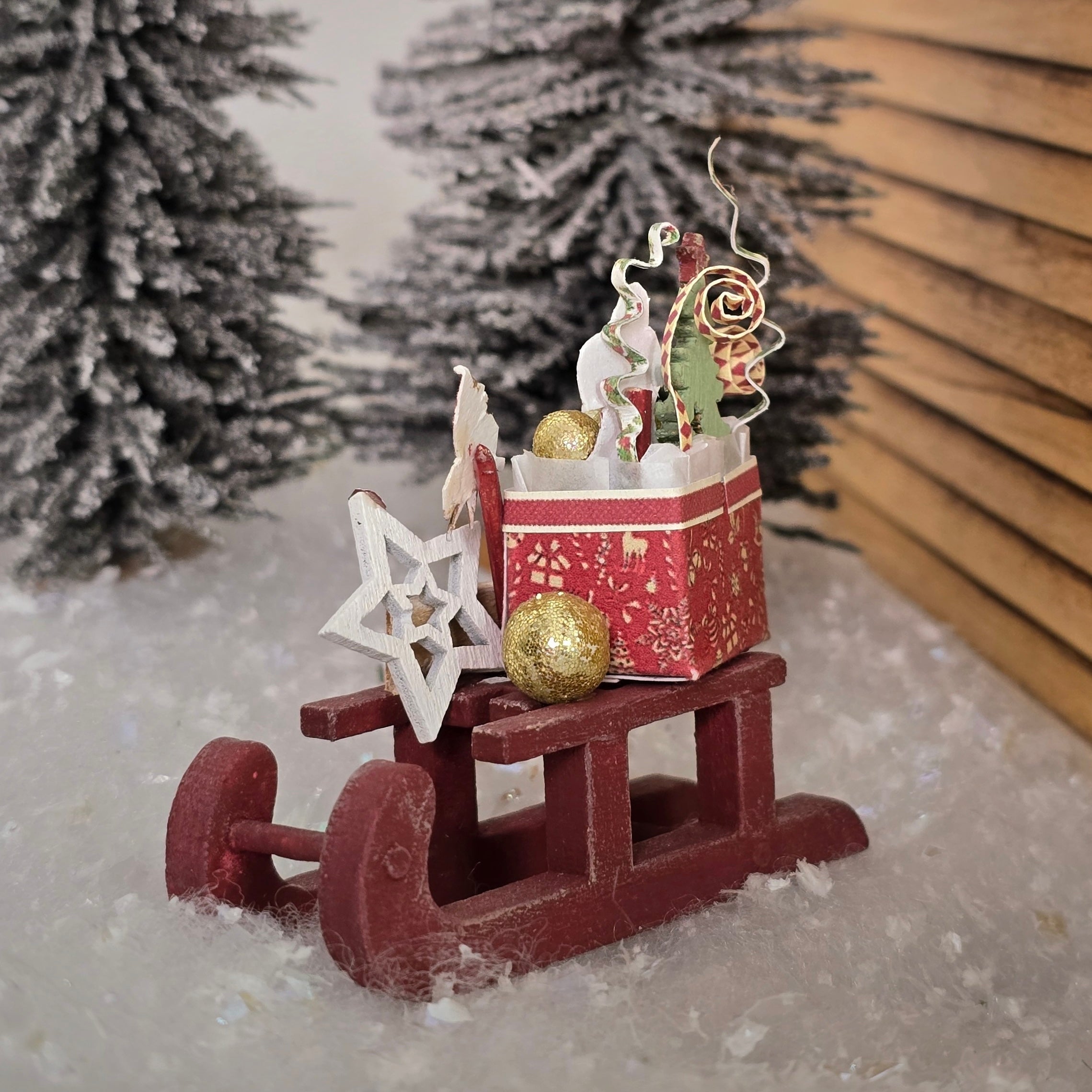 Dollhouse Miniature Wooden Christmas Sleigh Artist Signed MR, back view
