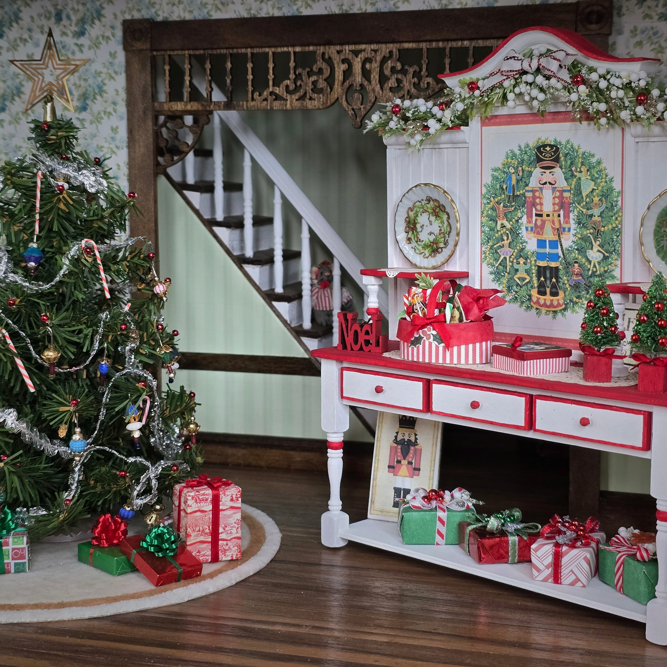 Decorative Christmas scene with a tree, gifts, and a decorated table.