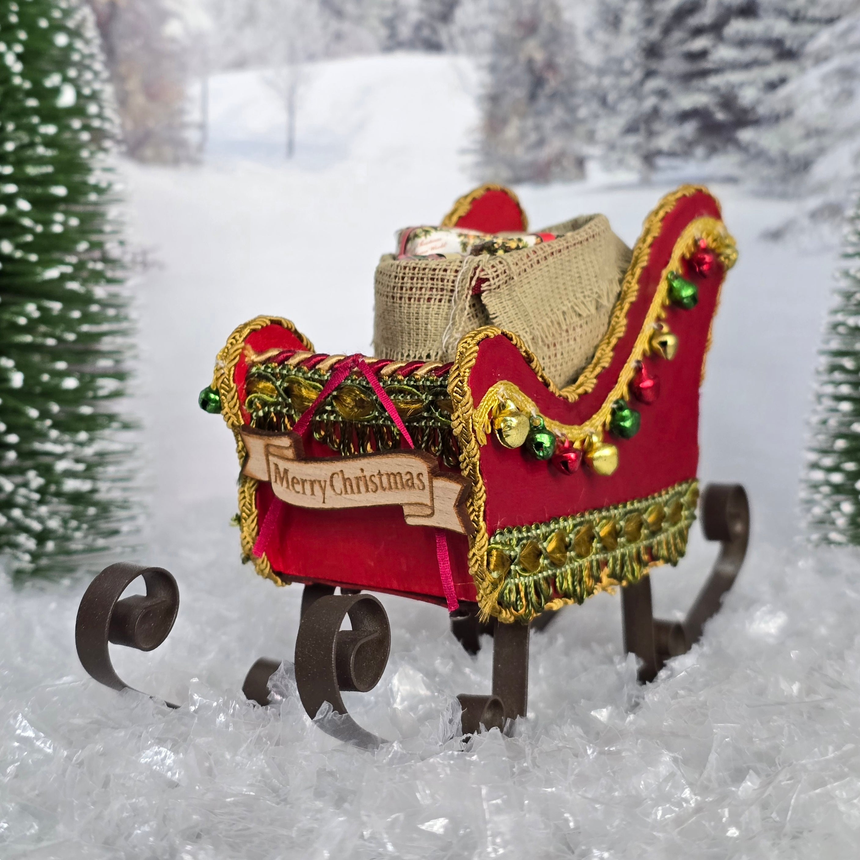 Dollhouse Miniature Red Santa Sleigh – Vintage Metal Décor, close up of front