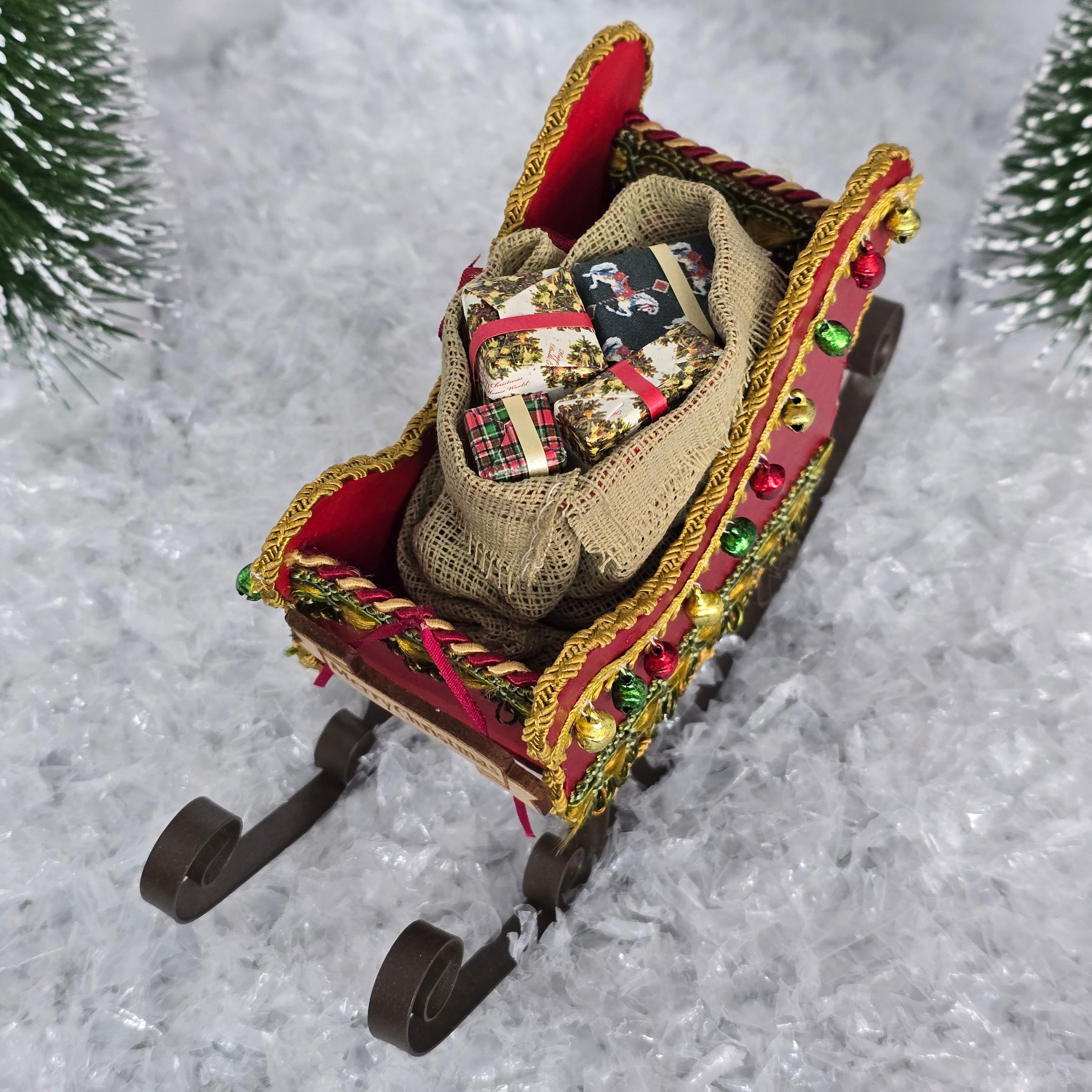 Dollhouse Miniature Red Santa Sleigh – Vintage Metal Décor, top view