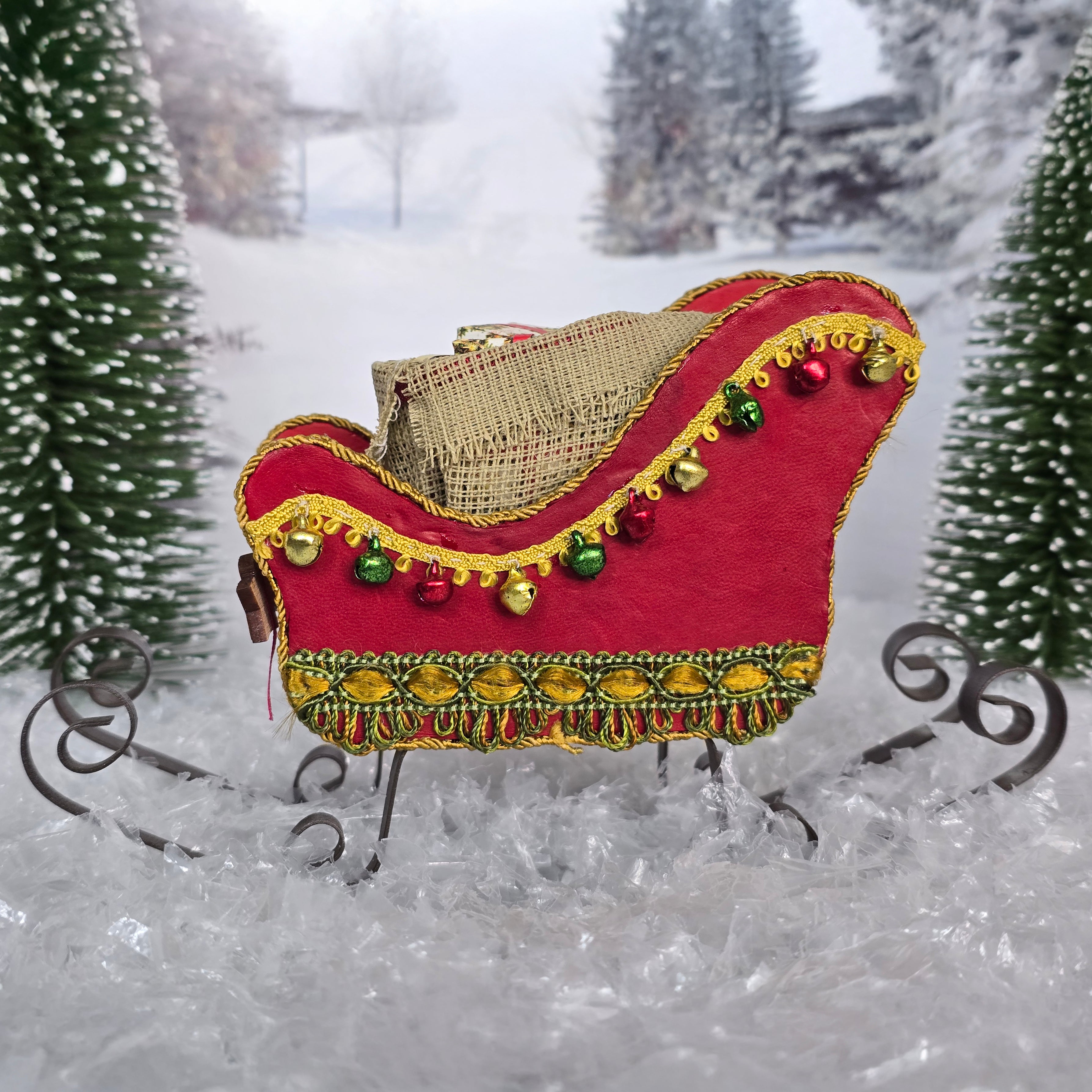Dollhouse Miniature Red Santa Sleigh – Vintage Metal Décor, side view