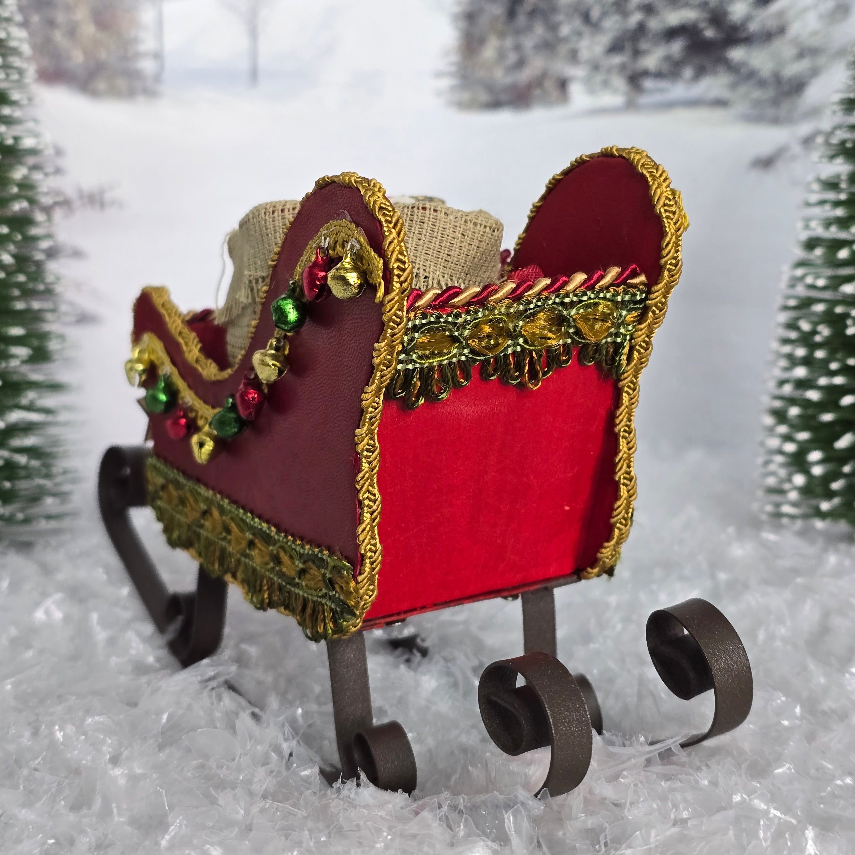 Dollhouse Miniature Red Santa Sleigh – Vintage Metal Décor, back view