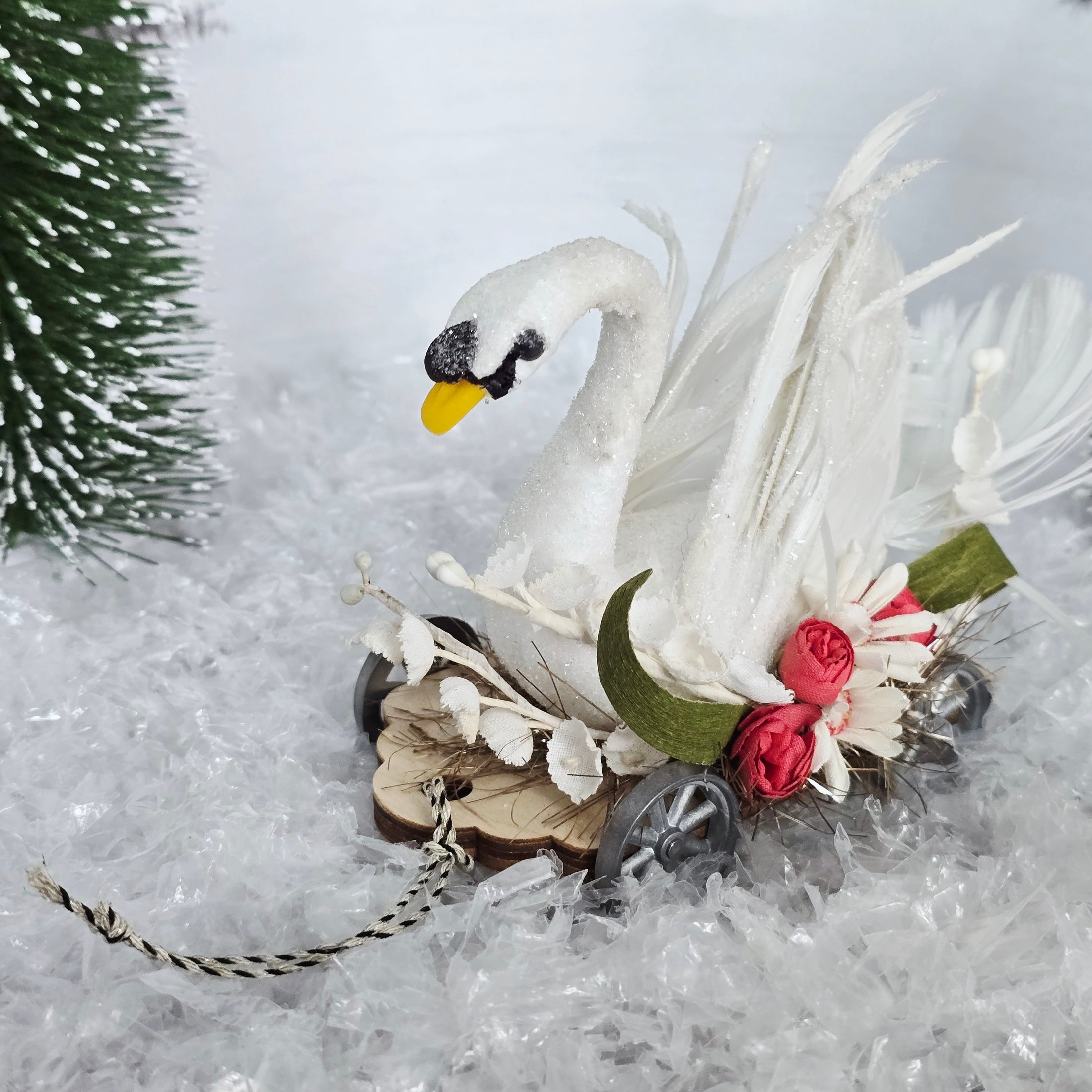 Spun Cotton Swan Pull Cart – OOAK Holiday Miniature by Wendy Addison 1:12 Scale