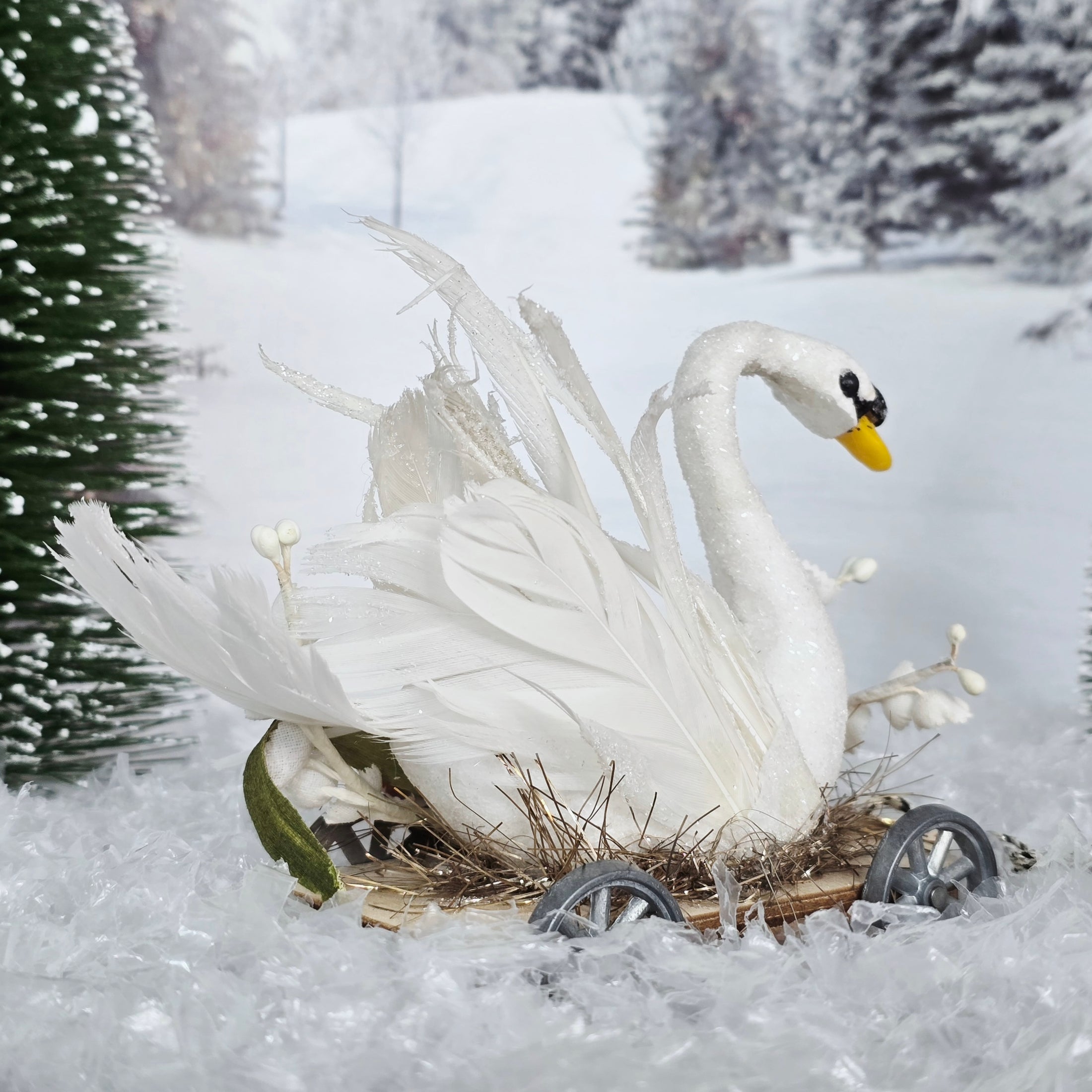 Spun Cotton Swan Pull Cart – OOAK Holiday Miniature by Wendy Addison 1:12 Scale