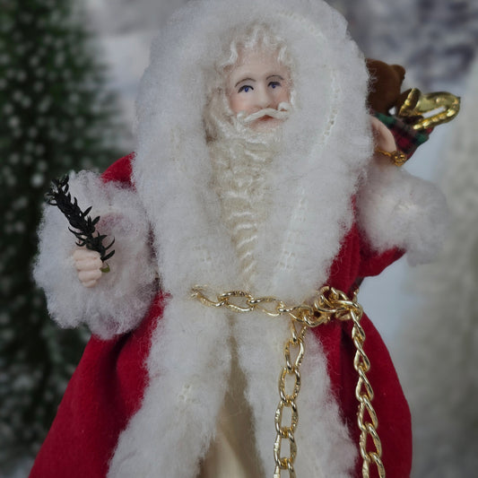 Porcelain Santa Claus Doll with Toys — Handcrafted 1:12 Scale Miniature in Velvet Robe