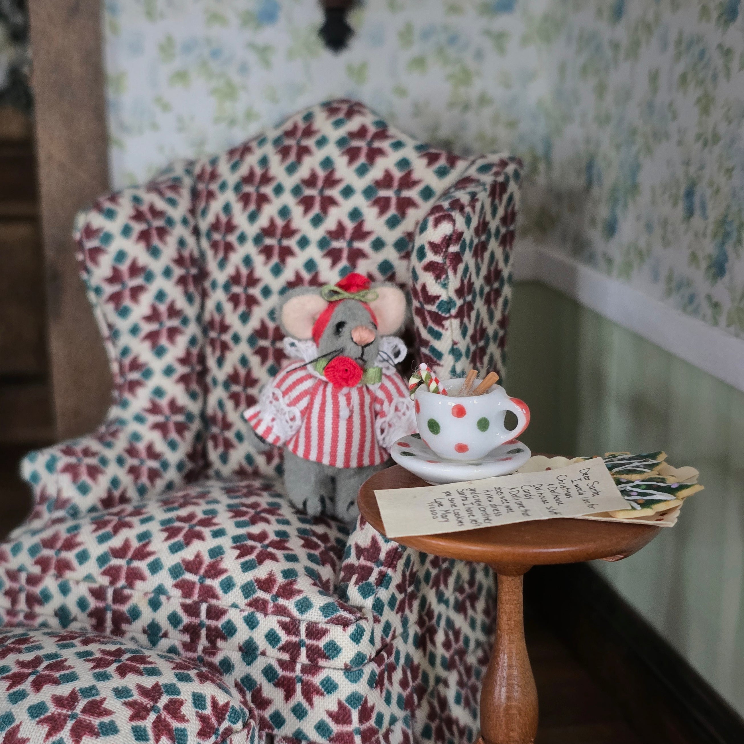 Mouse toy on armchair with milk and letter for christmas