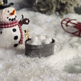 Load image into Gallery viewer, miniature snowman figurine with a bucket of snowballs on a snowy surface.
