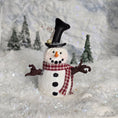 Load image into Gallery viewer, Decorative snowman miniature with a top hat and scarf against a snowy background
