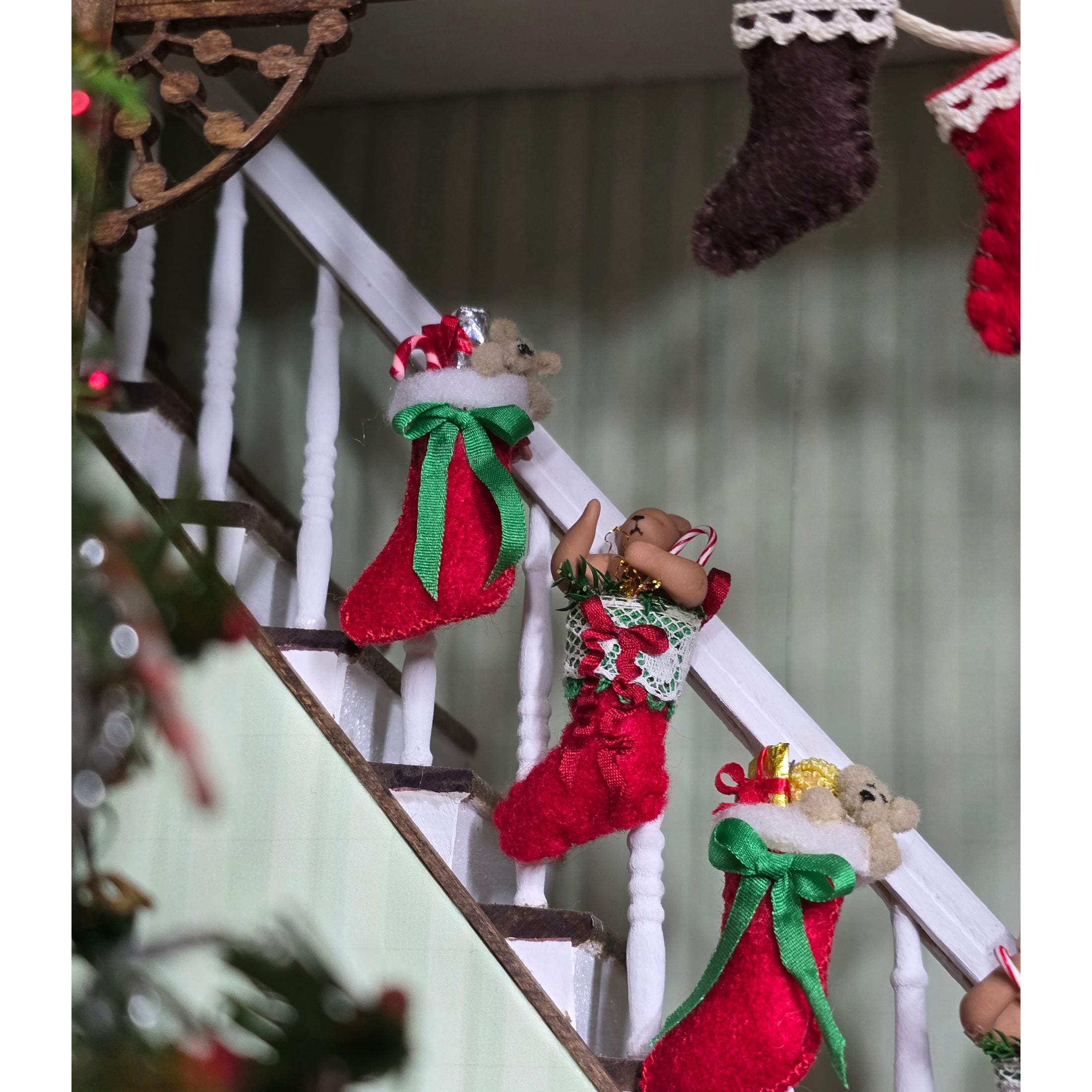 Red Christmas Stocking with Lace Cuff, Red Bow & Teddy Bear (Candy Cane Left Paw)