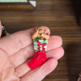 Load image into Gallery viewer, Red Christmas Stocking with Lace Cuff, Red Bow & Teddy Bear (Candy Cane Left Paw)
