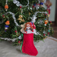Load image into Gallery viewer, back side of miniature dollhouse stocking with a dolly inside
