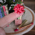 Load image into Gallery viewer, Red decorative bow held by a hand with a festive background
