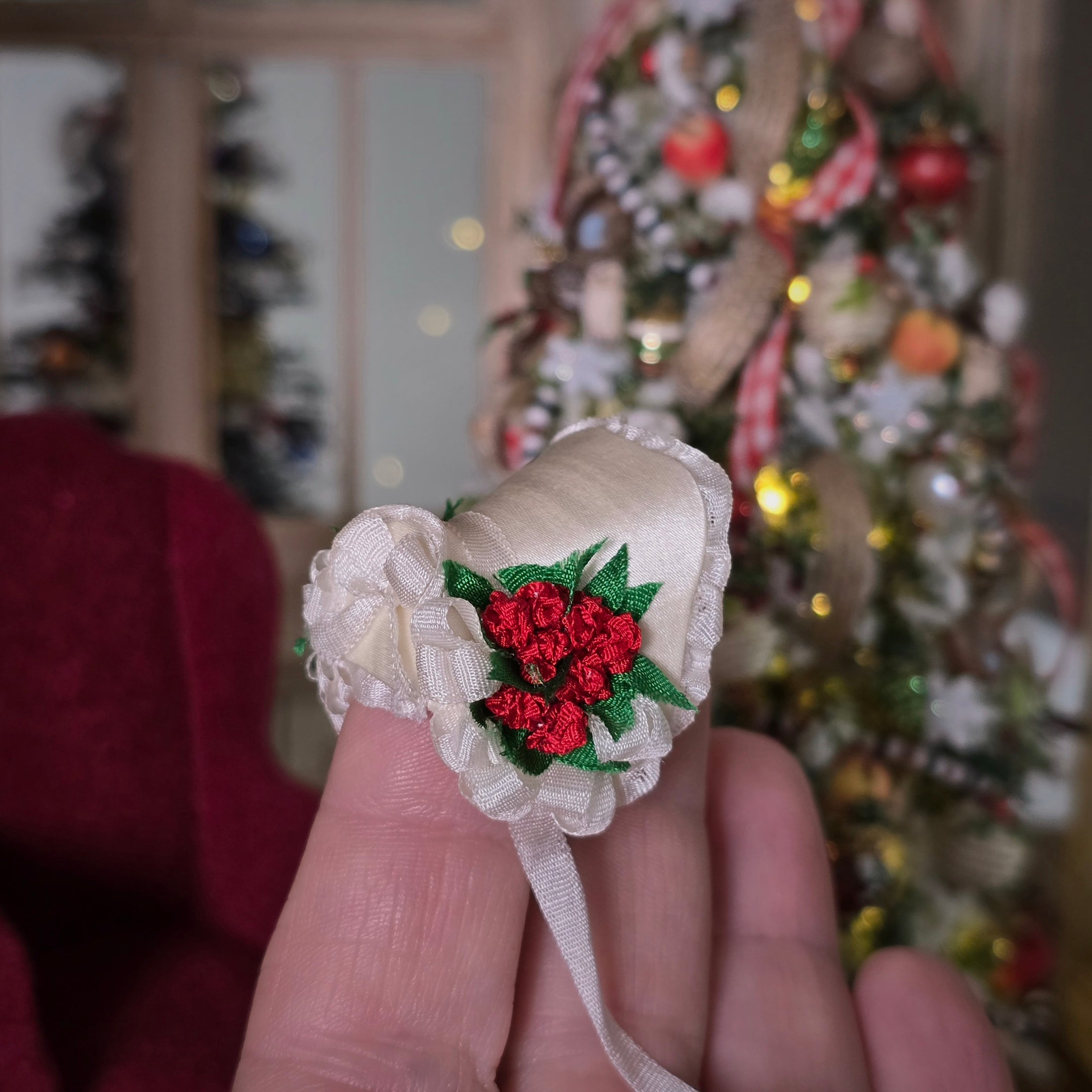 ribbon work detail on silk bonnet for miniature dollhouse