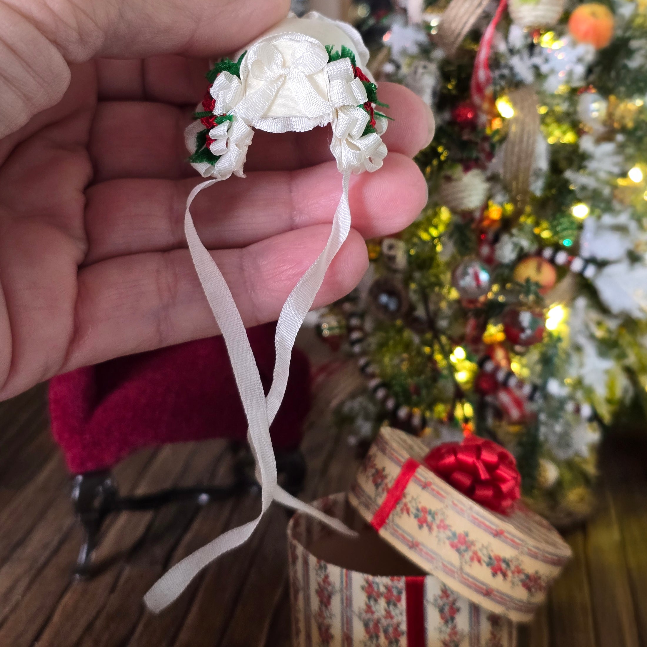 back of silk ribbon bonnet hat for miniature dollhouse