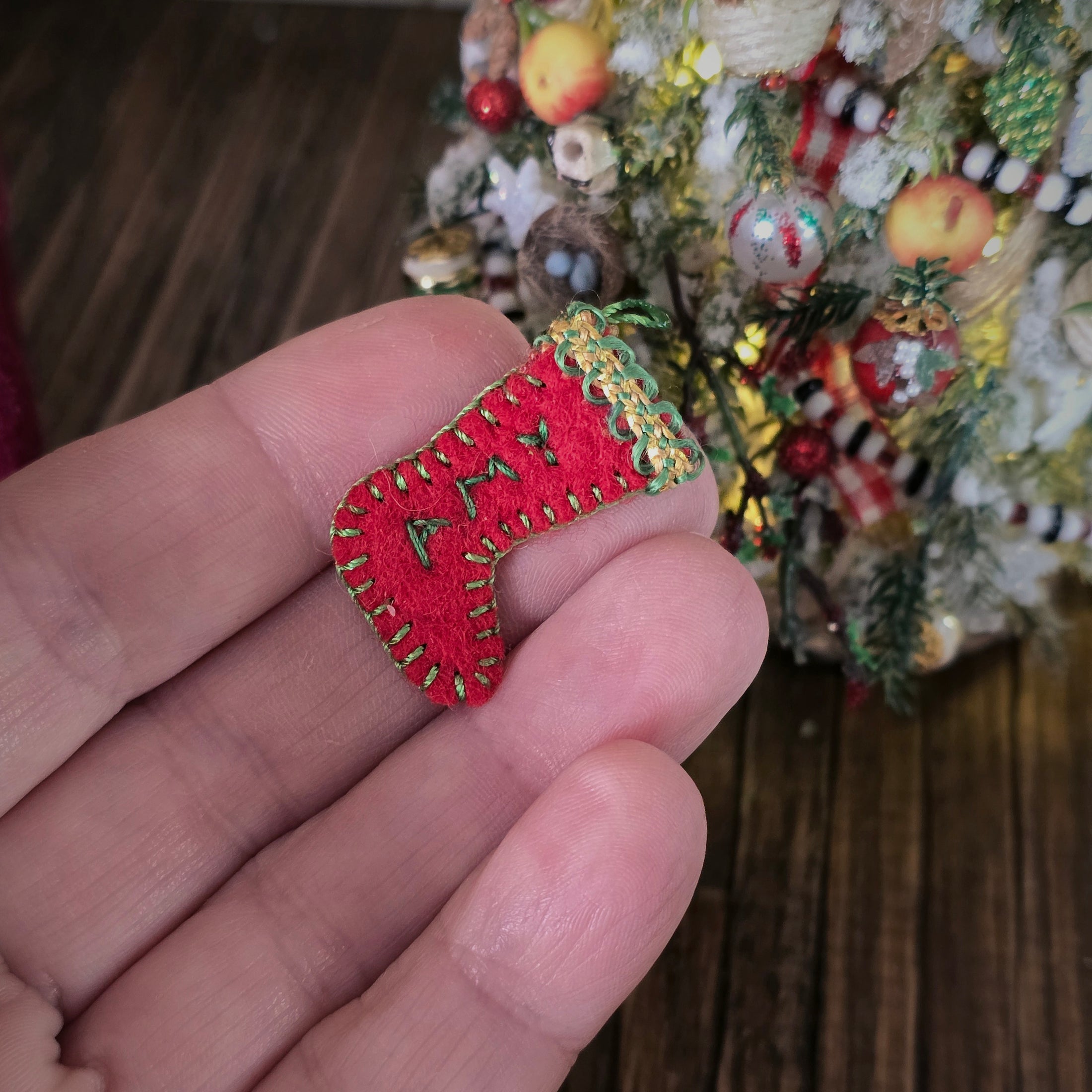 close up of vintage dollhouse Amy Christmas stocking