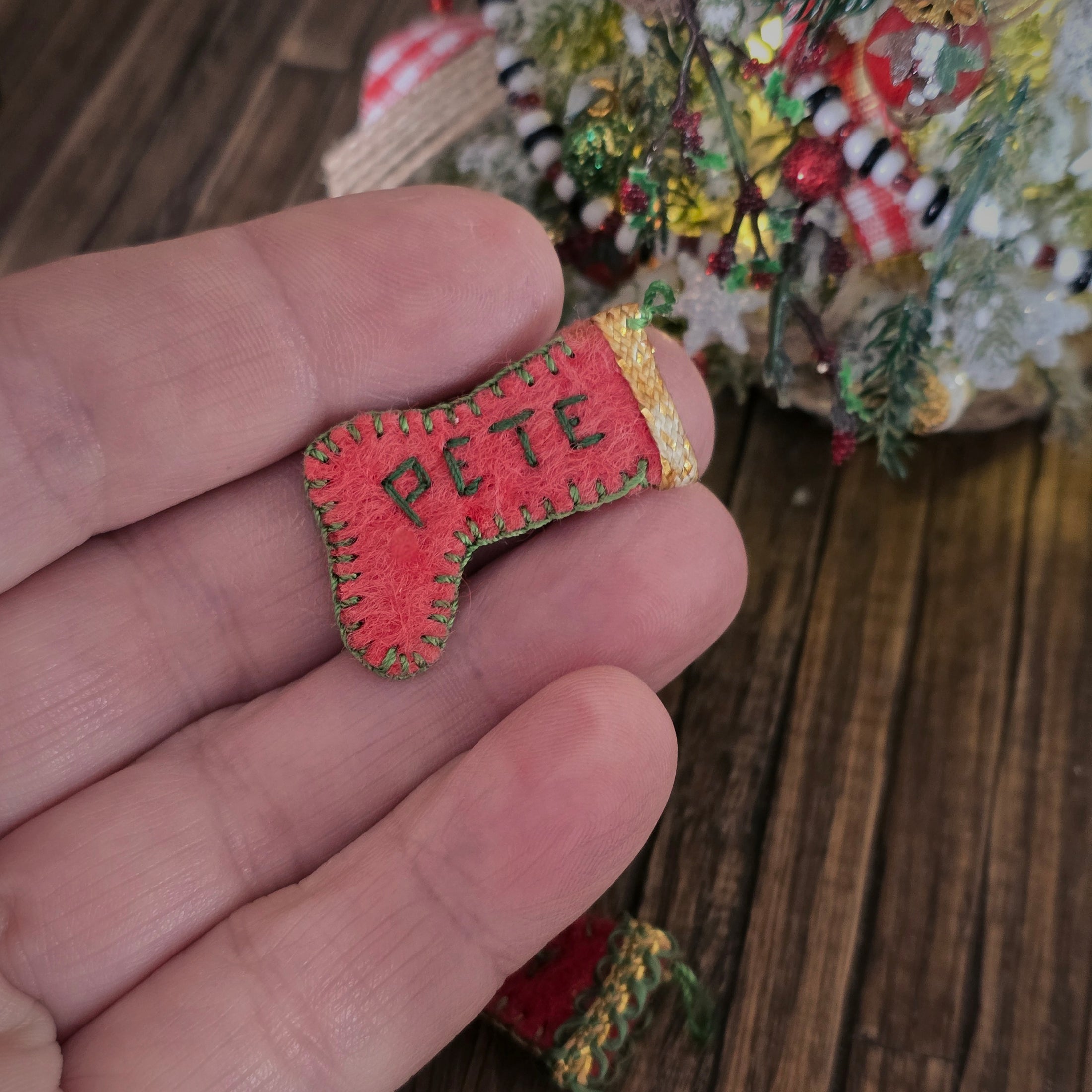close up of vintage dollhouse Pete Christmas stocking
